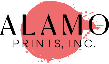 Alamo Prints logo consists of an ink splat beneath the name
