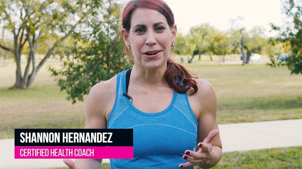 Screenshot show Shannon speaking to the camera while coaching and working out, a professional counselor speaking to the camera, a fitness instructor demonstrating proper pushup form, and instructions for a healthy recipe.